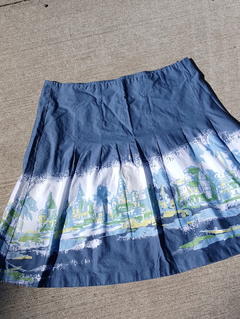 Old Navy Blue, White and Green A-Line Skirt with Scenic Border